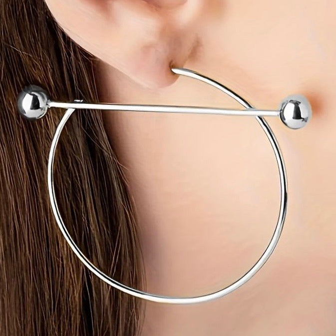 Womens Silver Tone Open Hoop Earrings with Bar Design