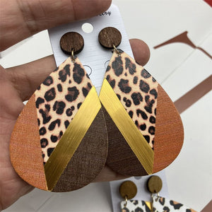 Womens Teardrop Brown Leopard Wood Post Earring