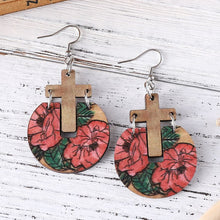 Load image into Gallery viewer, Womens Flower Wood Cross Earrings