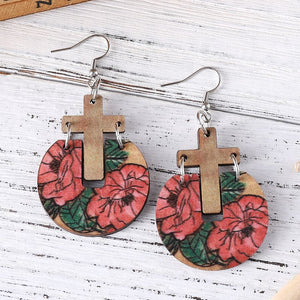 Womens Flower Wood Cross Earrings