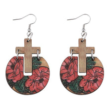 Load image into Gallery viewer, Womens Flower Wood Cross Earrings