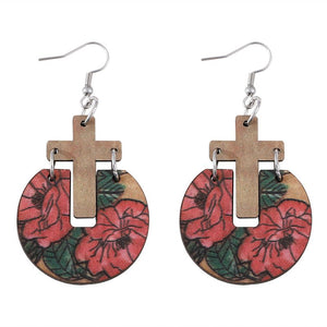 Womens Flower Wood Cross Earrings