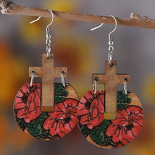 Load image into Gallery viewer, Womens Flower Wood Cross Earrings