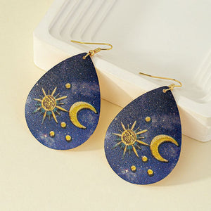 Womens Teardrop Sun Moon Blue Gold Tone Earrings