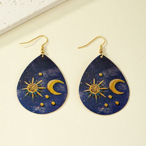 Womens Teardrop Sun Moon Blue Gold Tone Earrings