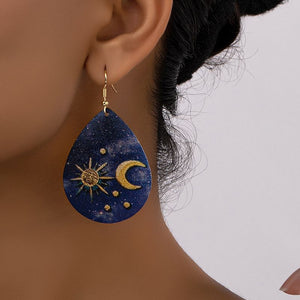 Womens Teardrop Sun Moon Blue Gold Tone Earrings