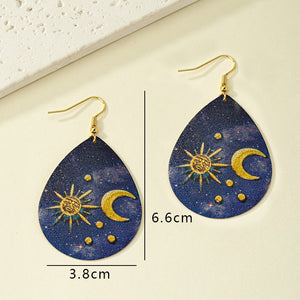 Womens Teardrop Sun Moon Blue Gold Tone Earrings