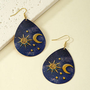 Womens Teardrop Sun Moon Blue Gold Tone Earrings