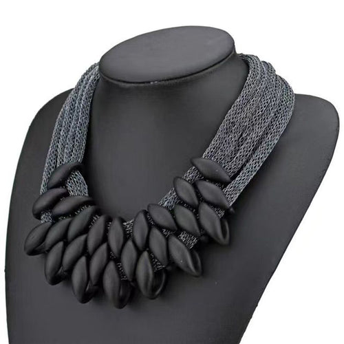 Womens Multi Strand Mesh Black Pendant Statement Necklace