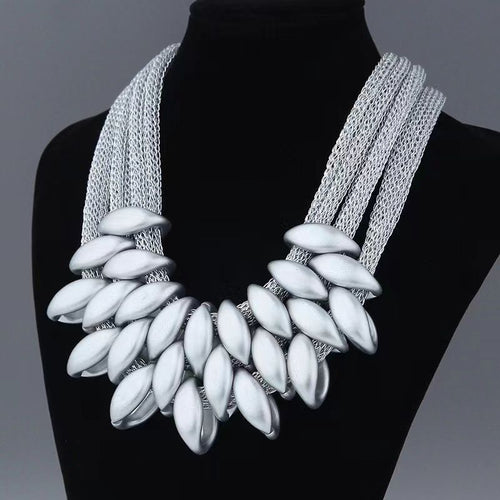 Womens Multi Strand Mesh Silver Tone Pendant Statement Necklace