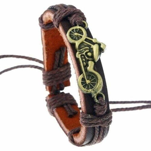 Mens Leather Brown Motorcycle Biker Bracelet‎ Wristband