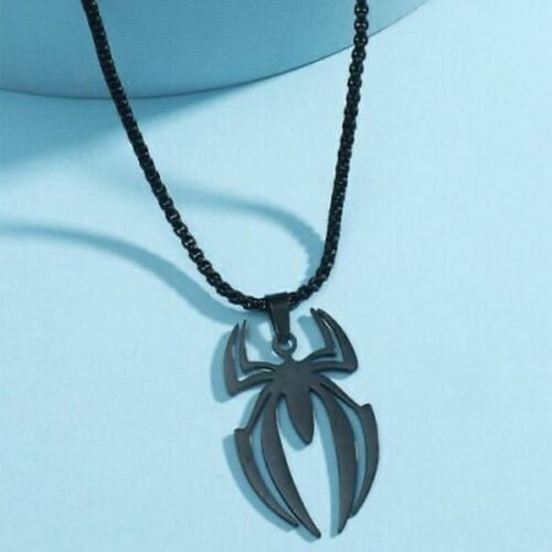 Mens Stainless Steel Black Spider Pendant Necklace