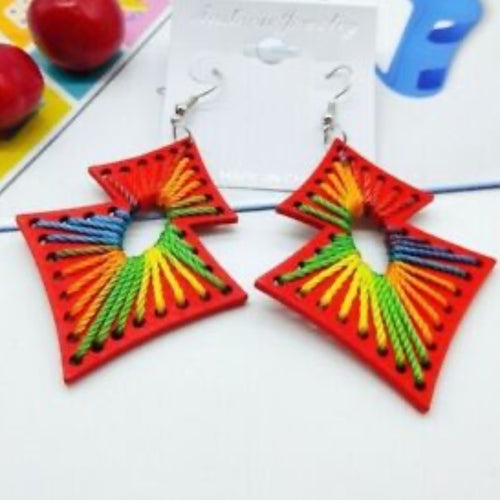 Womens Red or Blue Wood Dangle Drop‎ Cotton Design Earrings