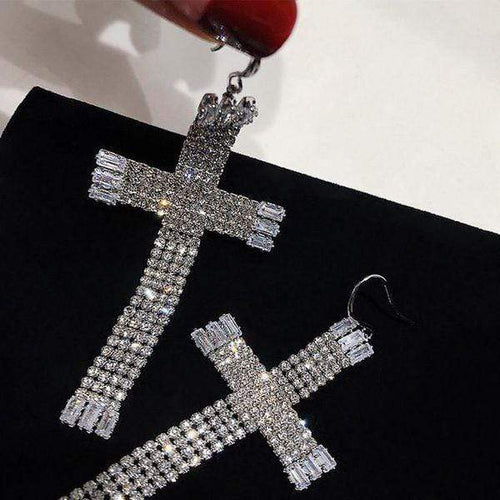 Womens Silver Tassel Cross Earrings Glamorous Crystal Jewelry