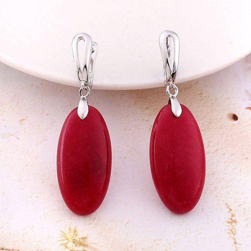 Womens Red Quartz Like Oval Gemstone Drop Fashion Earrings