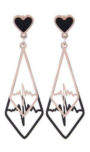 Womens Rose Gold Black Tone Heartbeat Nurse Medical Earrings