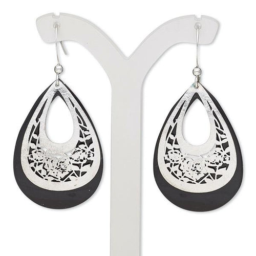 Womens Silver and Black Teardrop Earrings with Flower Design