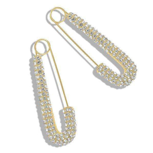 Womens Gold Tone Safety Pin Clear Rhinestone Earrings