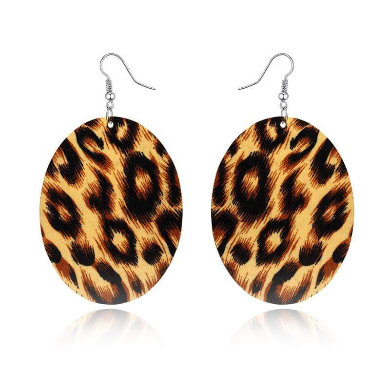 Womens Oval Animal Print Wood Earrings