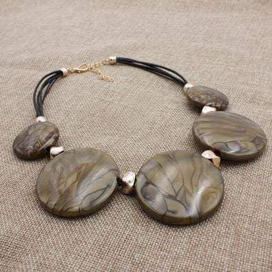 Womens Brown Stone Leather Statement Necklace with Gold Accents