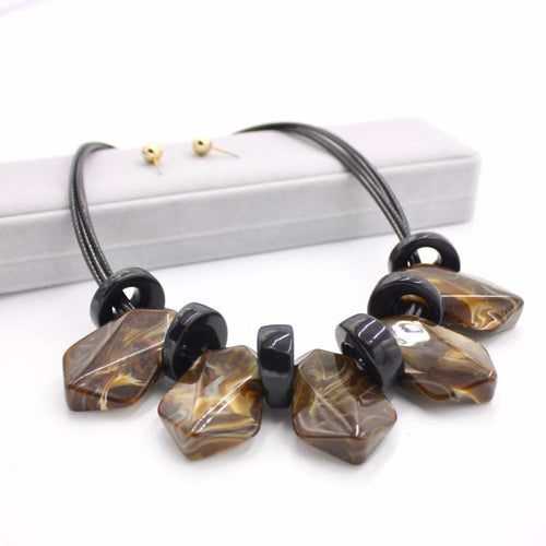 Womens Chunky Brown and Black Leather Necklace Earring Set