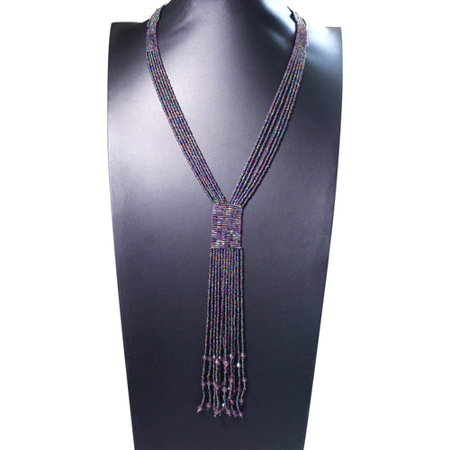 Womens Seed Bead Purple Six Strand Infinity Necklace with Tassel