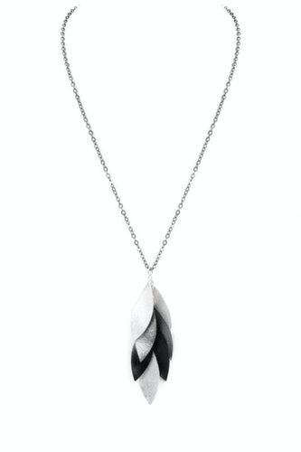 Womens Silver Necklace with Silver and Black Leaf Cluster Pendant