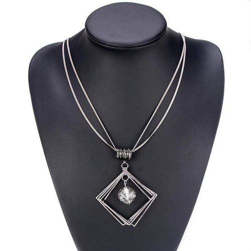 Womens Multi-Chain Black Gray Square Pendant Statement Necklace