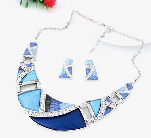 Womens Silver Blue Collar Statement Necklace Earring Set