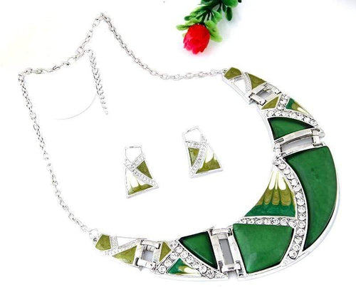 Womens Silver Tone Green Pendant Necklace Earring Set