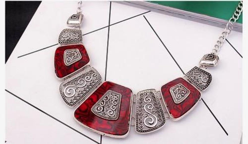 Womens Silver and Red Two-Tone Square Design Necklace