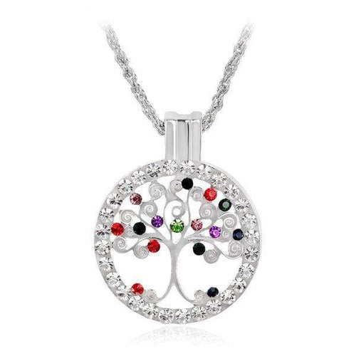 Womens Silver Tone Tree-of-Life Rhinestones Pendant Necklace