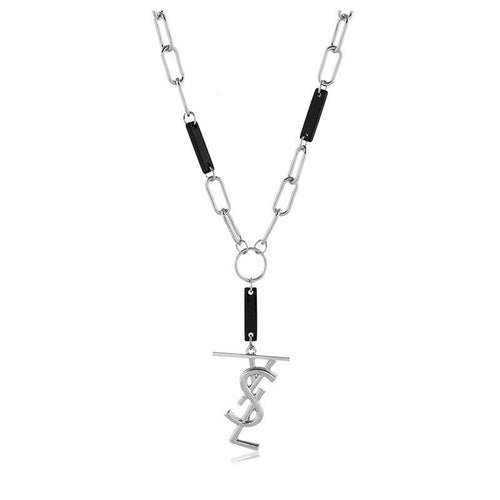 Womens Silver Tone Y S L Letter Pendant Necklace with Black Accent Unisex Adult