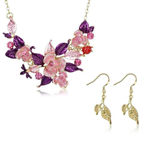 Womens Pink & Gold Tone Flower Pendant Necklace Earring Set