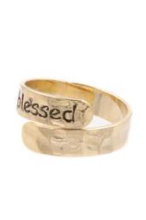 Womens Gold Stainless Steel Hammered Blessed Adjustable Ring